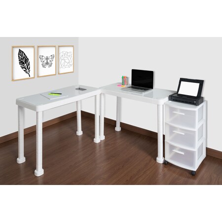 Plasticos Mq Multi-Desk Set w/Rolling Storage Cart in White 432-WHT